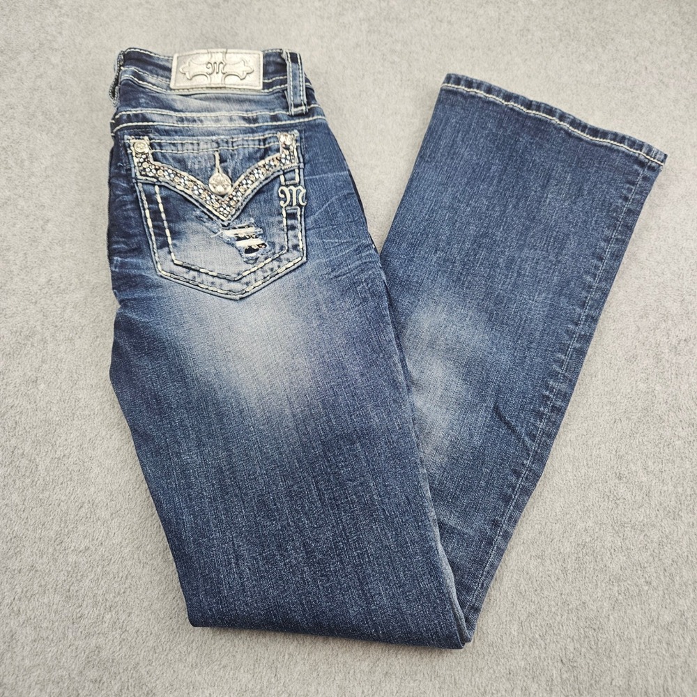 MISS ME Bootcut Jeans Women 25 Blue Embellished Distressed Y2K Western Denim